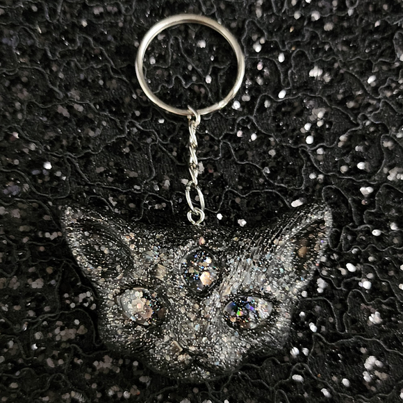 3 Eyed Cat Keychain - Black with Holographic Glitter