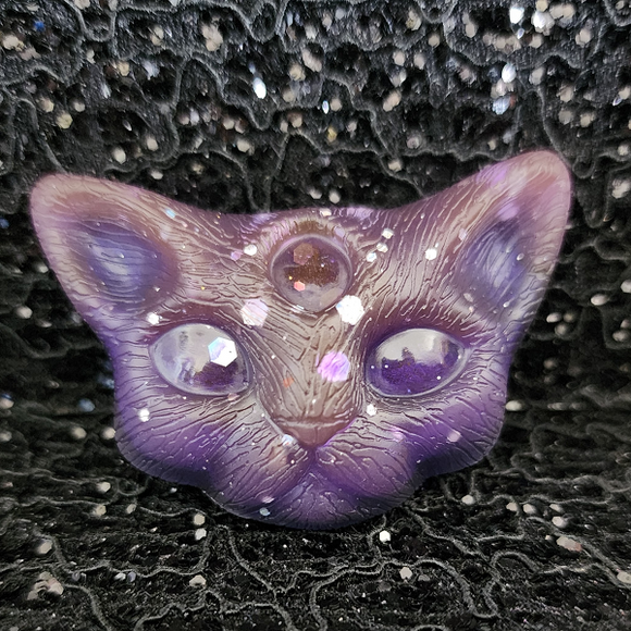 3 Eyed Cat Magnet - Purple with Glitter