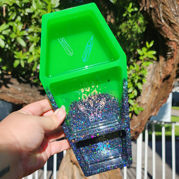 Resin Big Coffin Shelves - Neon Green with Black Holographic Glitter