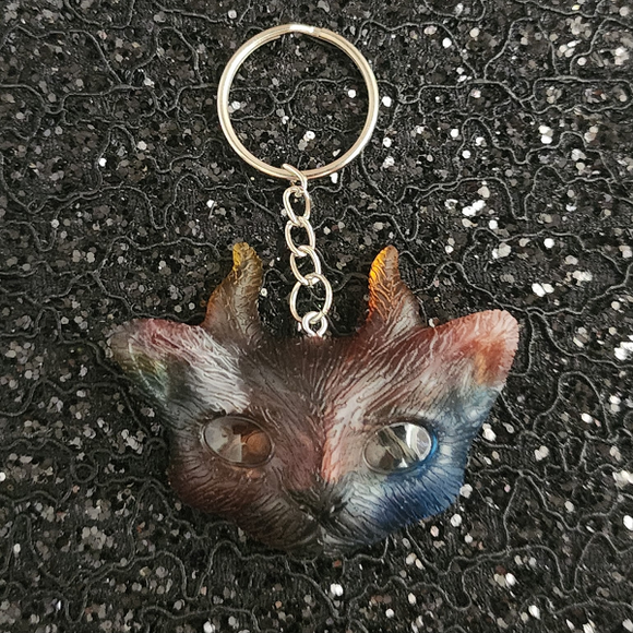 Resin Cat with Horns Keychain- Multicolored