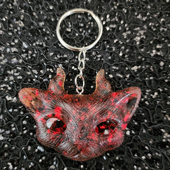 Cat with Horns Keychain - Orange with Black and Red Flakies