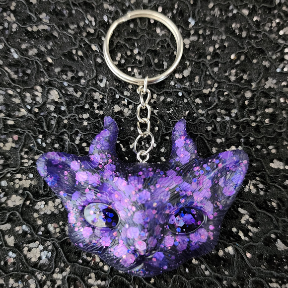 Cat with Horns Keychain - Purple with Glitter