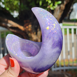 Resin Crescent Moon Tealight Holder - Purple with Iridescent Glitter