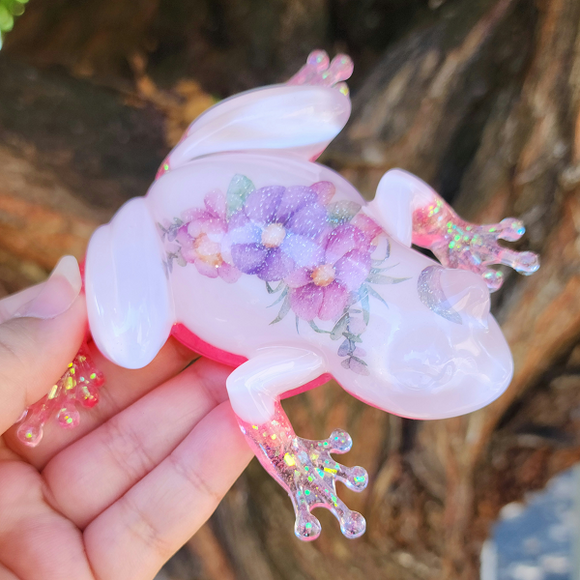 Resin Frog - Flowers with Pink Glitter