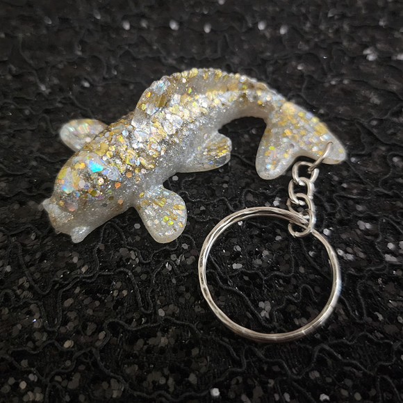 Resin Koi Fish Keychain - Pearly Silver with Gold and Holographic Glitter
