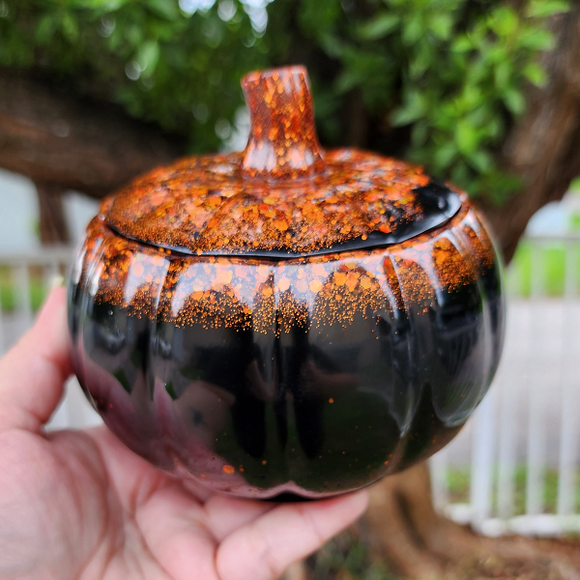 Resin Large Pumpkin Trinket Storage - Black with Orange and Brown Glitter