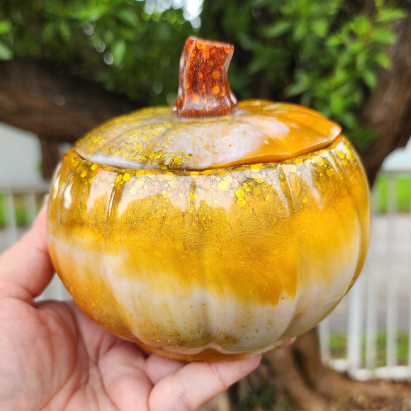Resin Large Pumpkin Trinket Storage - Orange, Gold and White