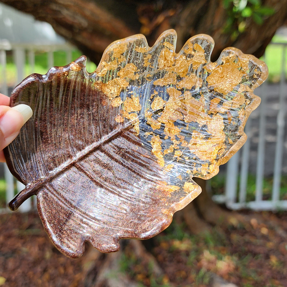Resin Leaf Tray - Gold Flakies and Brown