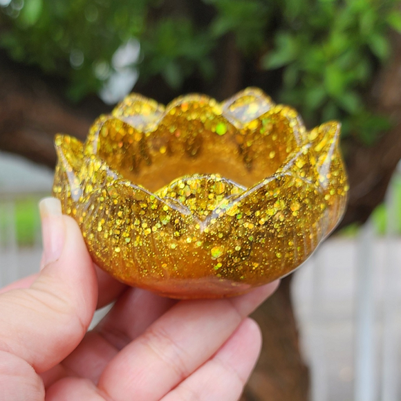 Resin Lotus Trinket Dish - Orange with Gold Glitter