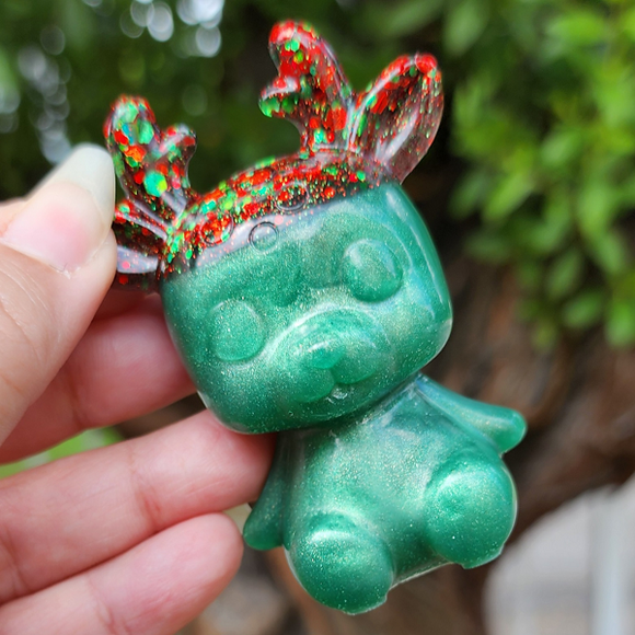 Resin Reindeer Figure - Green with Christmas Glitter