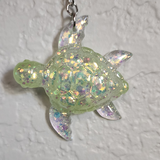 Resin Sea Turtle Keychain - Chartreuse Green with Opal Glitter