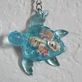 Resin Sea Turtle Keychain - Light Blue with Seashells and Starfish