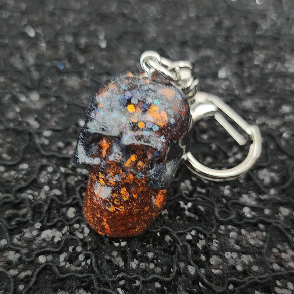 Resin Skull Keychain - Black Holographic, Orange and Brown Glitter