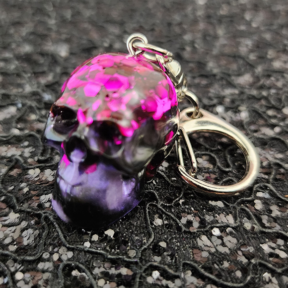 Skull Keychain - Black and Iridescent Purple Marbled with Purple Glitter