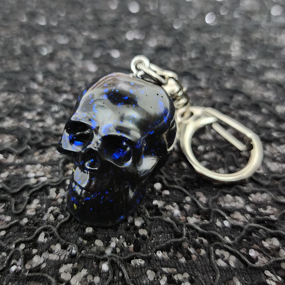 Resin Skull Keychain - Black with Blue Flakies