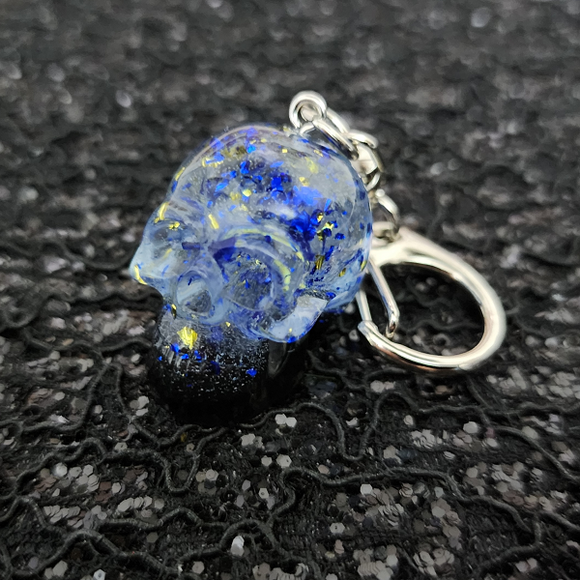 Resin Skull Keychain - Blue and Gold Flakies with Black