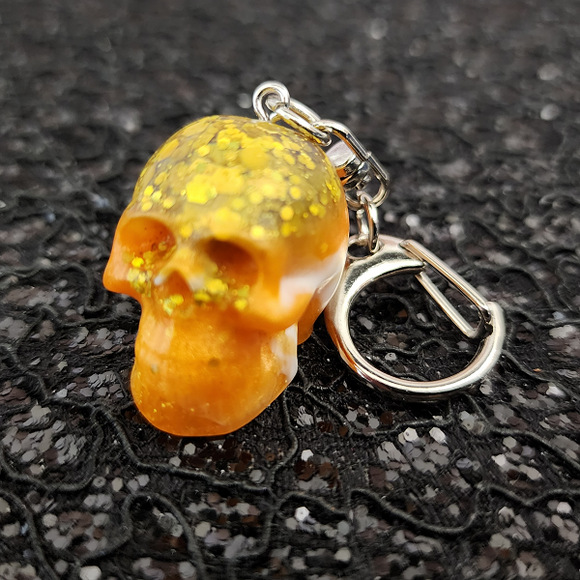 Skull Keychain - Orange and White Marbled with Gold Glitter