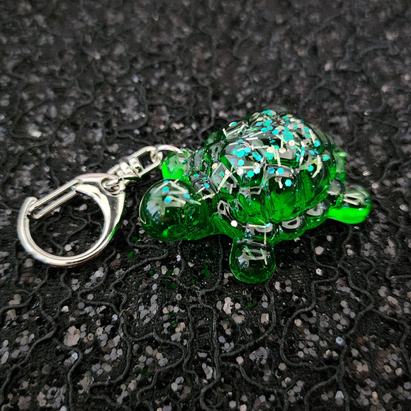 Resin Small Turtle Keychain - Green with Glitter