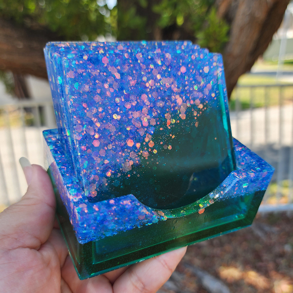 Square Coaster Set - Blue and Green with Multichrome Glitter