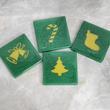 Resin Square Coaster Set - Green Christmas Themed