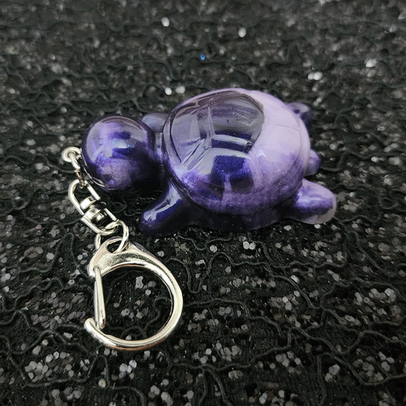Resin Turtle Keychain - Black and Iridescent Purple Marbled