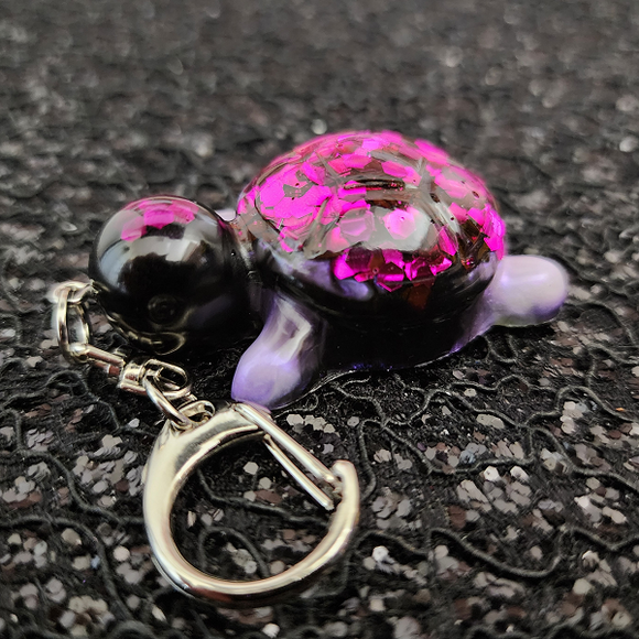 Turtle Keychain - Black and Iridescent Purple Marbled with Purple Glitter