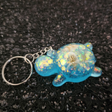 Resin Turtle Keychain - Blue with Seashells, Starfish and Glitter