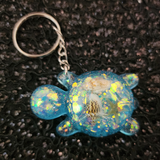 Resin Turtle Keychain - Blue with Seashells, Starfish and Glitter