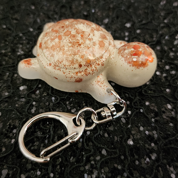 Resin Turtle Keychain -  Iridescent Orange with Orange Glitter