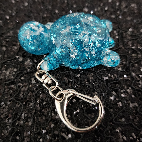 Resin Turtle Keychain - Light Blue with Blue and Silver Flakies