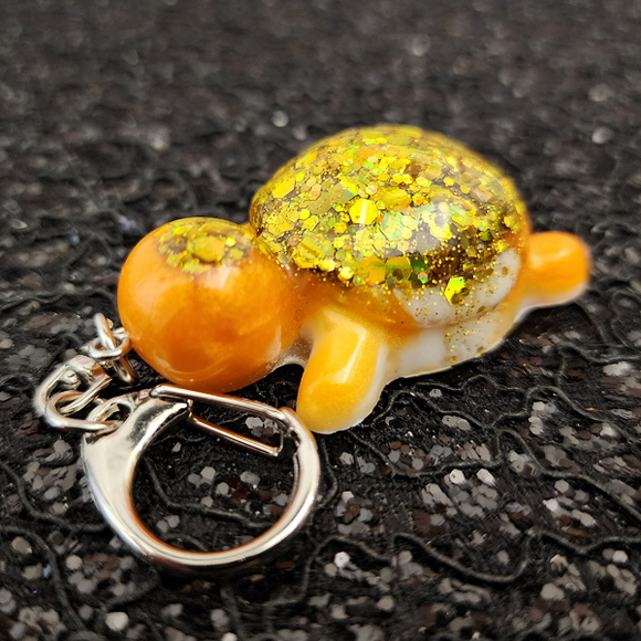 Turtle Keychain - Orange and White Marbled with Gold Glitter