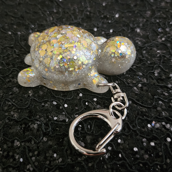 Resin Turtle Keychain - Pearly Silver with Gold and Holographic Glitter