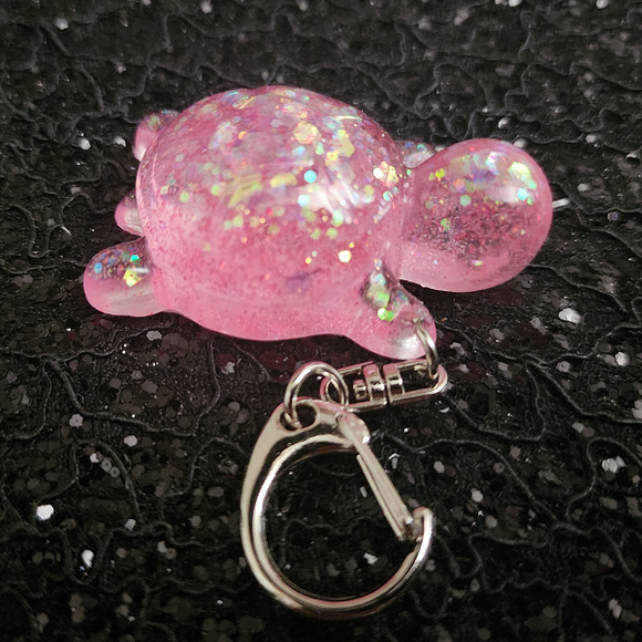 Resin Turtle Keychain - Pink with Color Shifting Glitter
