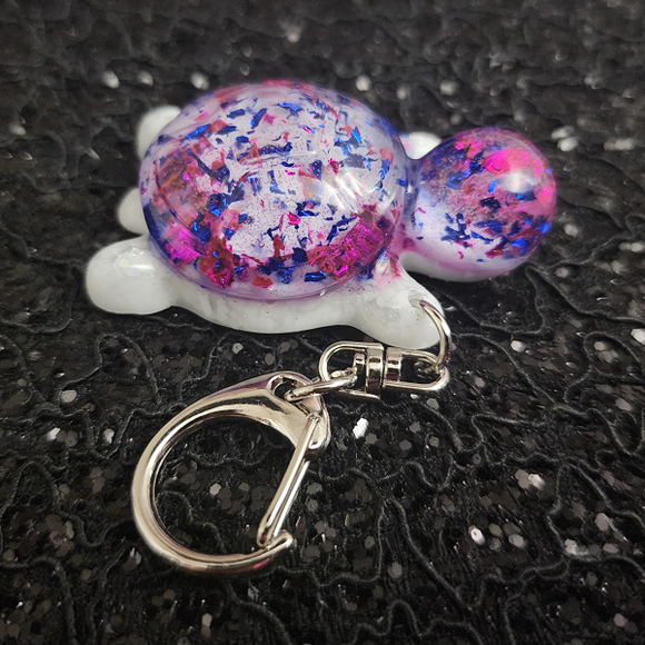 Resin Turtle Keychain - Purple and Blue Flakies with White