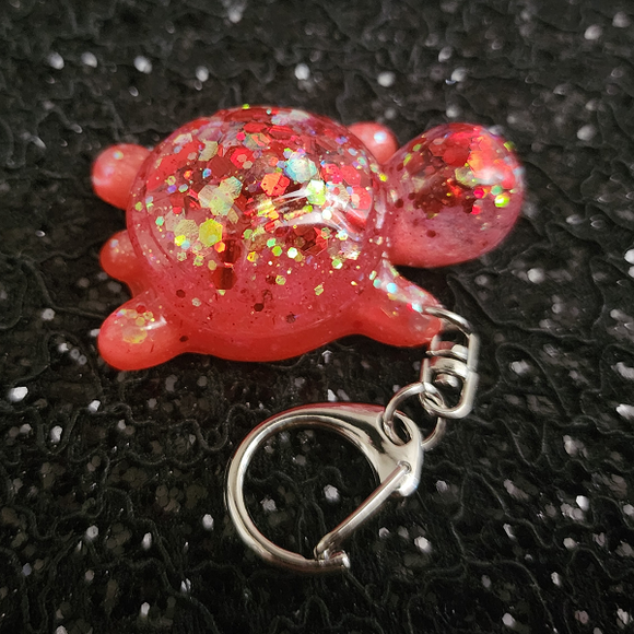Resin Turtle Keychain - Red and Gold Glitter